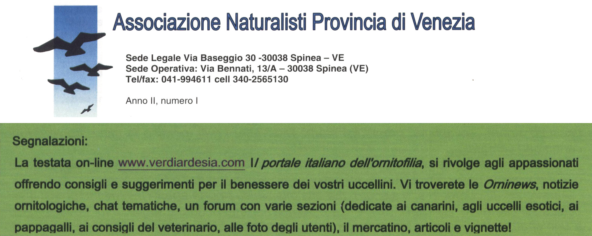 Associazione Naturalisti Provincia di Venezia  Notiziario Anno II, numero I